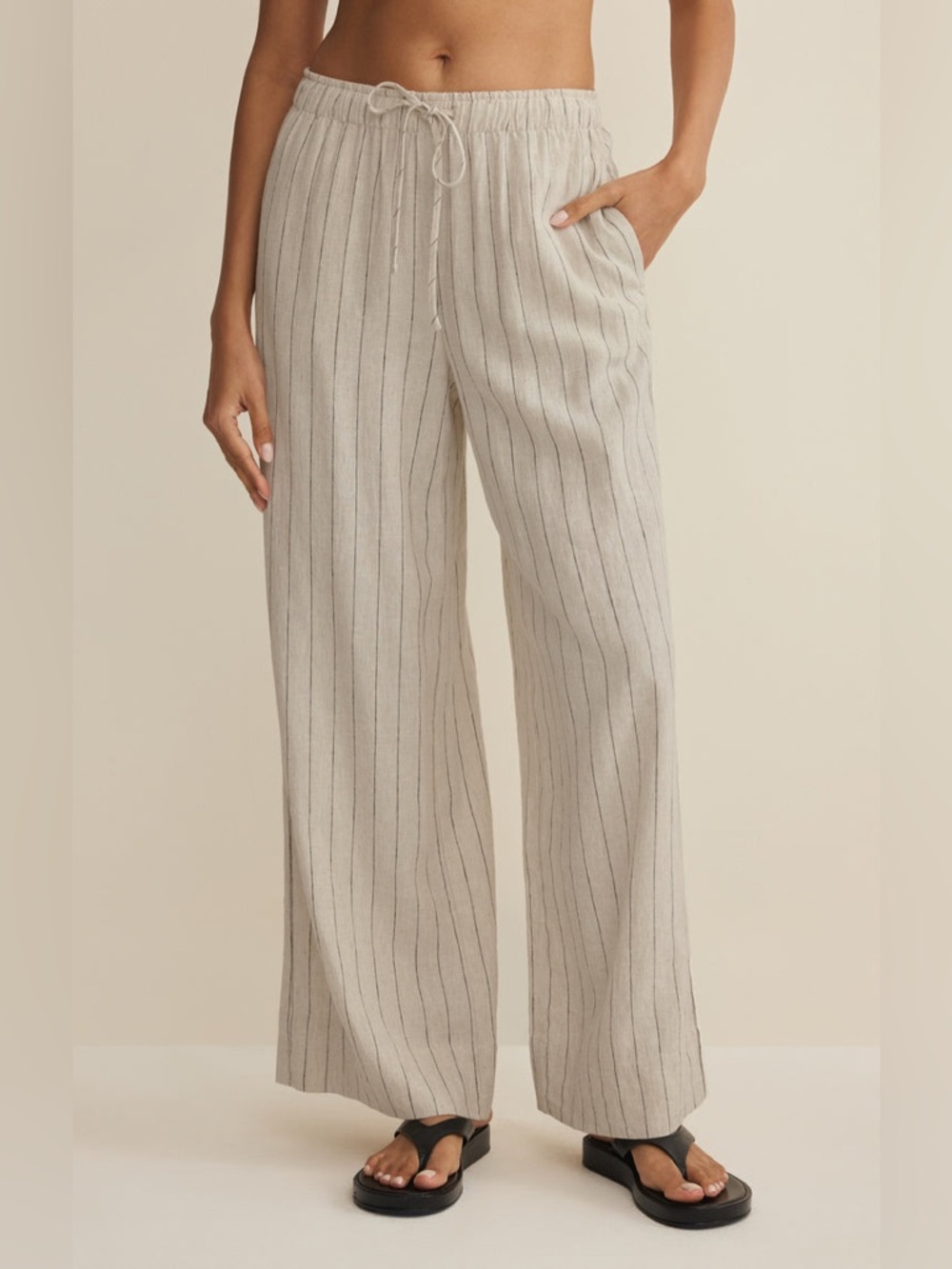 Rachel Zoe Beige Pinstripe Wide Leg Pants